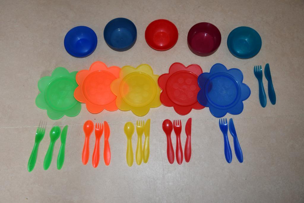 Sets plastic soepbollen en borden voor kinderen met bestek, Overige materialen, Gebruikt, Overige typen, Ophalen of Verzenden