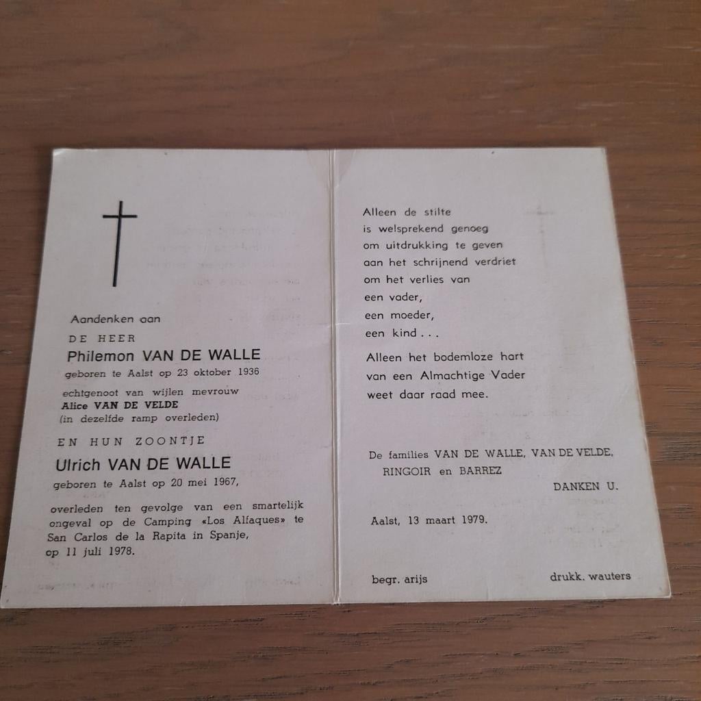 BP Van De Walle Philemon en zoontje Ulrich. ramp Spanje., Verzamelen, Bidprentjes en Rouwkaarten, Ophalen of Verzenden