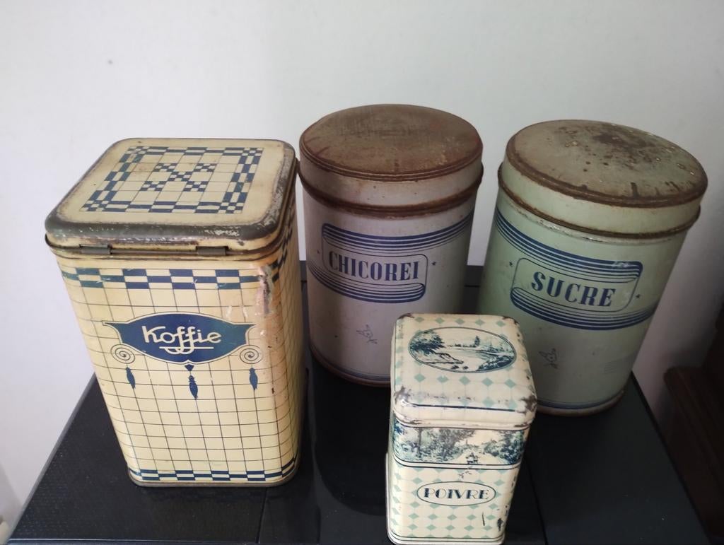 ijzeren oude blikken wit blauw koffie poivre sucre chicorei, Verzamelen, Ophalen of Verzenden, Gebruikt, Koffie