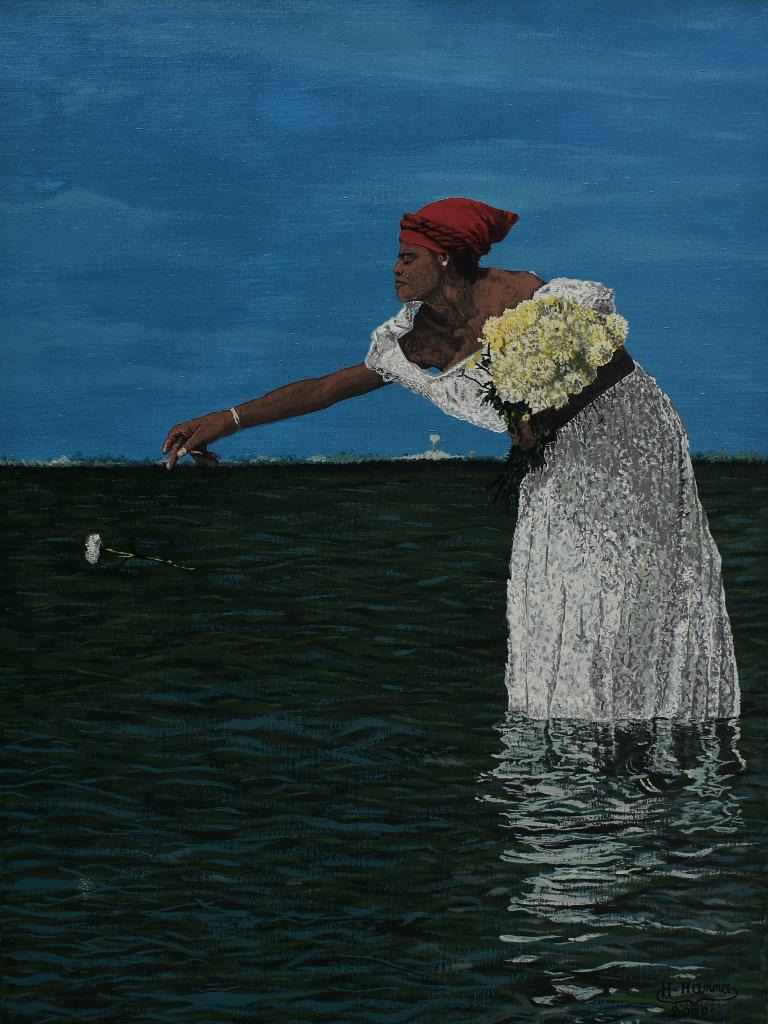 Bruid gooit bloem in de zee, schilderij van Joky Kamo 2000, Ophalen