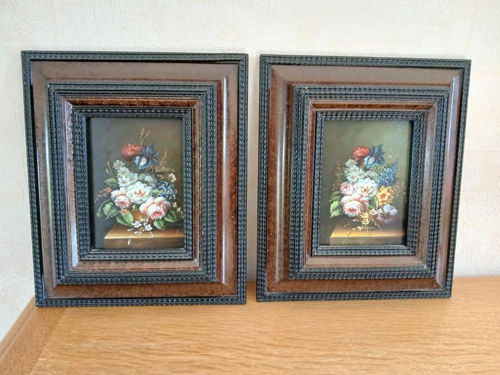2 huiles sur bois fleurs signées Brooks. 12 x 17 cm, Antiquités & Art, Art | Peinture | Classique, Enlèvement