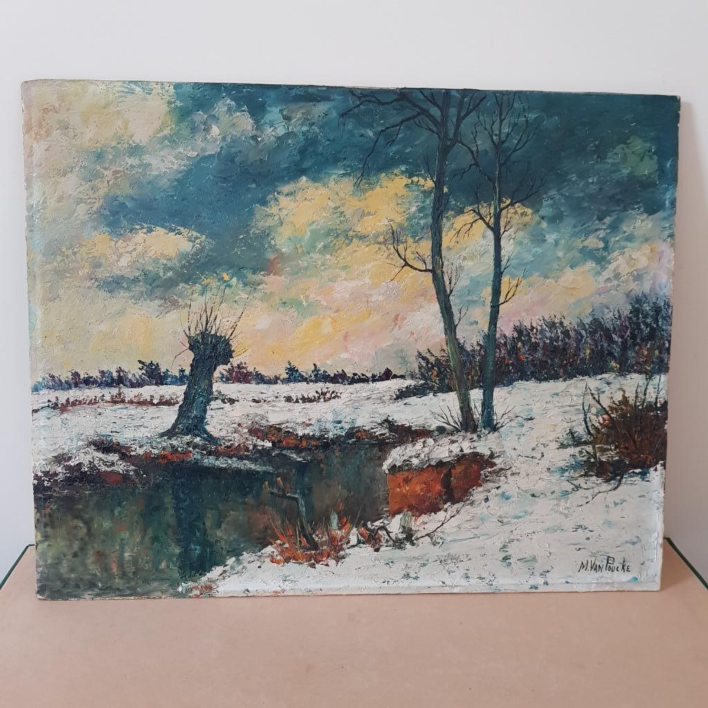 Maurits van Poucke, Landschap olieverf op unalit, Antiek en Kunst, Ophalen of Verzenden