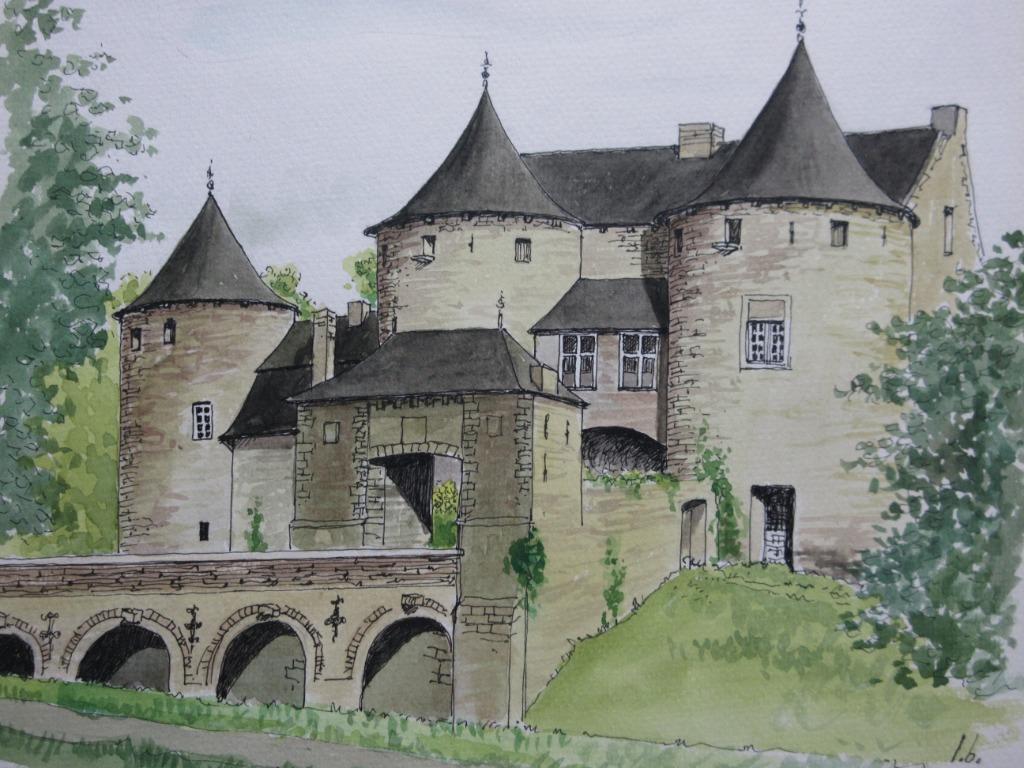 Pentekening-aquarel "Corroy Le Chateau" door L. Boschmans, Antiek en Kunst, Kunst | Schilderijen | Klassiek, Ophalen of Verzenden