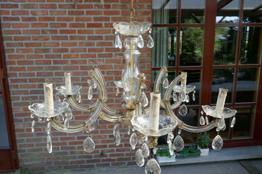 Antieke glazen luster met 6 armen, Ophalen, Gebruikt, Glas