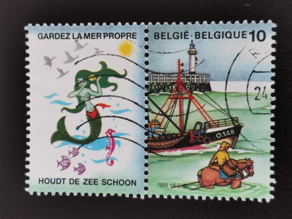 Belgique 1988 - La mer - pêcheur de crevettes + vignette, Enlèvement ou Envoi, Affranchi