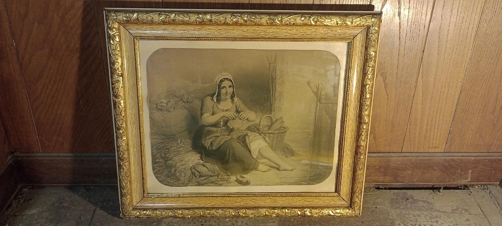 Gravure non signée,scène de vie rustique, 62x52, n320, Enlèvement, Vie quotidienne, Gravure