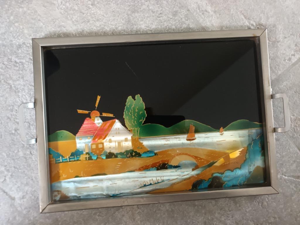 Vintage dienblad : Art Deco - parelmoerwerk, Ophalen, Gebruikt, Rechthoekig, Metaal