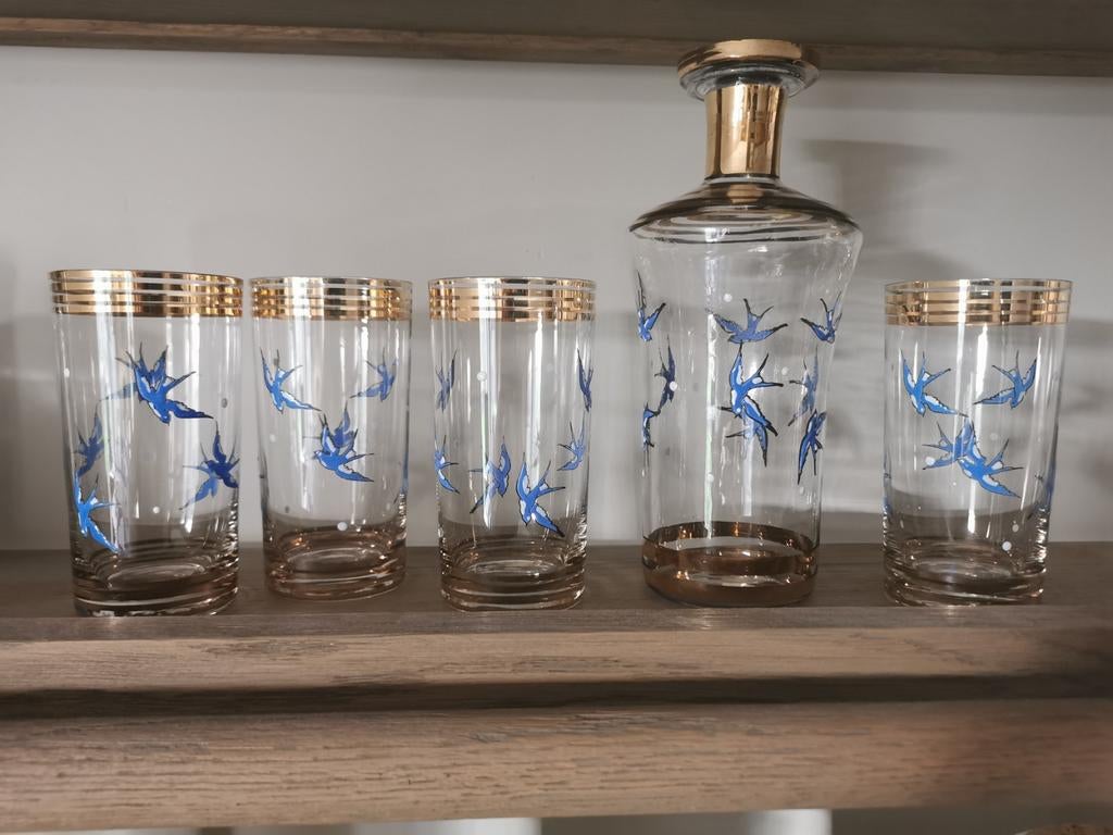Vintage zwaluw 4 drinkglazen +  laeken glas verrerie Laeken., Ophalen