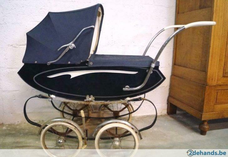Grote Vintage kinderwagen blauwe kleur + vercroomd onderstel, Enlèvement