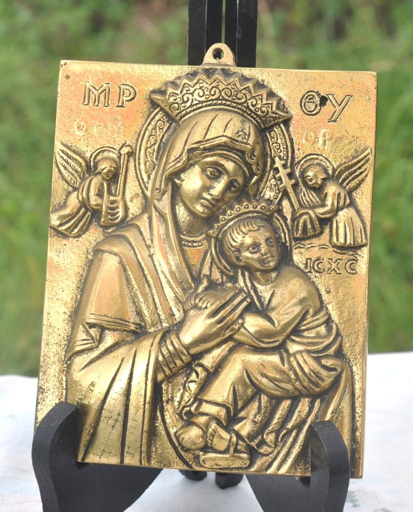 plaque murale vierge a l'enfant en laiton, Antiquités & Art, Antiquités | Bronze & Cuivre, Enlèvement ou Envoi, Cuivre