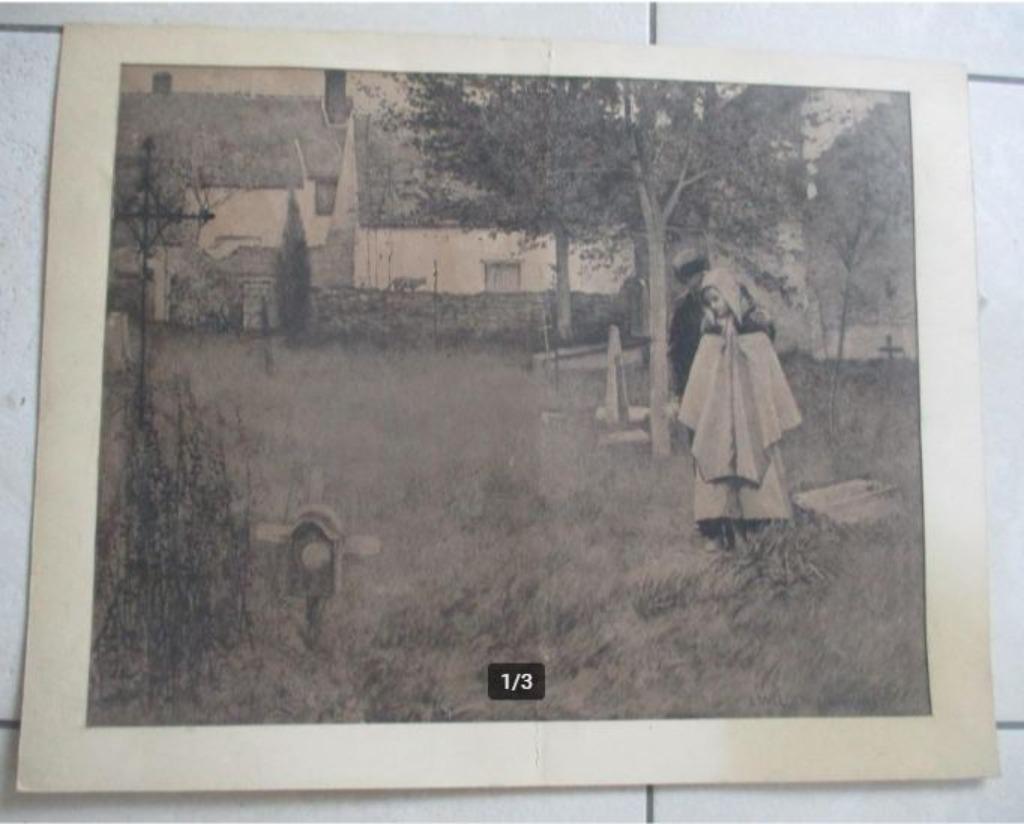 Prachtige Antieke Gravure 'Op het Oude Kerkhof' - L Hawkins, Antiek en Kunst, Ophalen of Verzenden