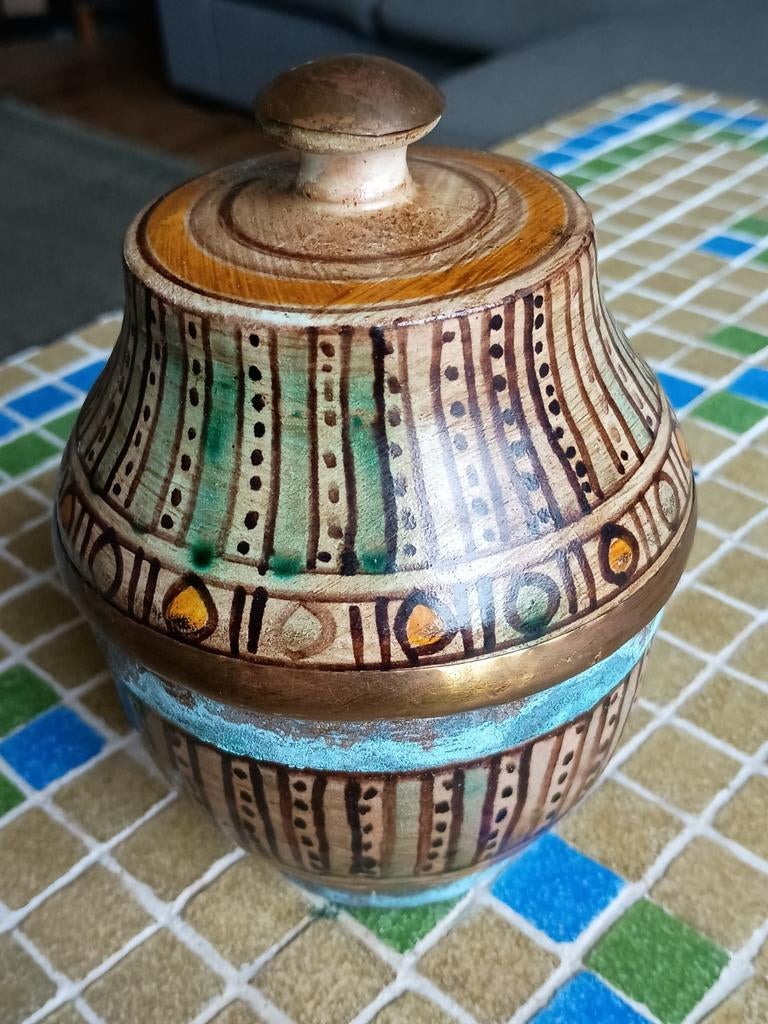 Antieke Marokkaanse pot met deksel, handbeschilderd, turquoi, Ophalen of Verzenden