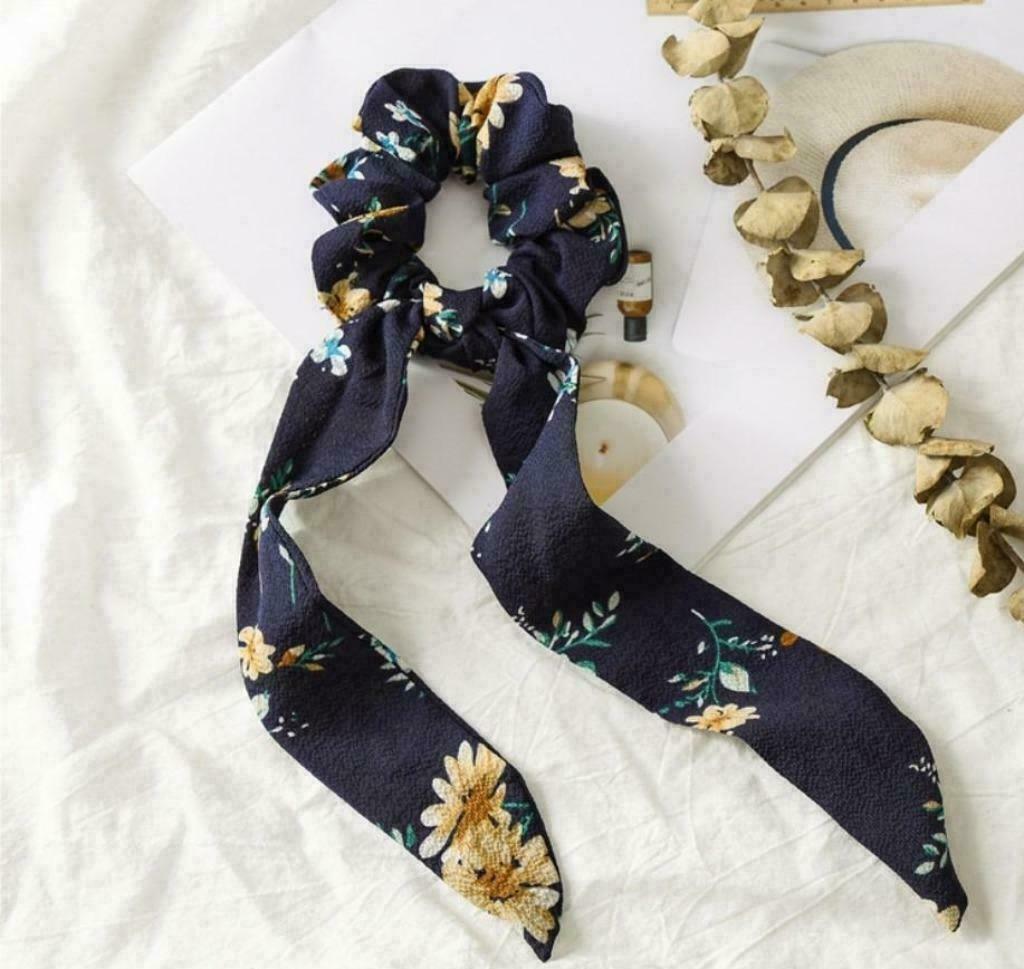Vintage scrunchie bloemen & lint - Blauw, Verzenden, Nieuw