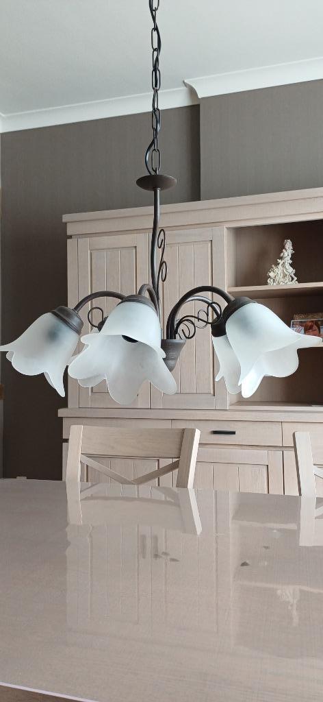 Prachtige luster met 5 armen in roestkleur, Huis en Inrichting, Ophalen, Zo goed als nieuw, Glas