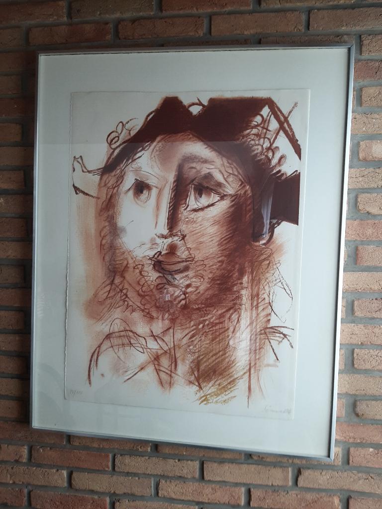 Roger SOMVILLE - Portrait d'un Arlequin (litho, getekend), Antiek en Kunst, Ophalen, Ingelijst, Portret, 1950 - 1999