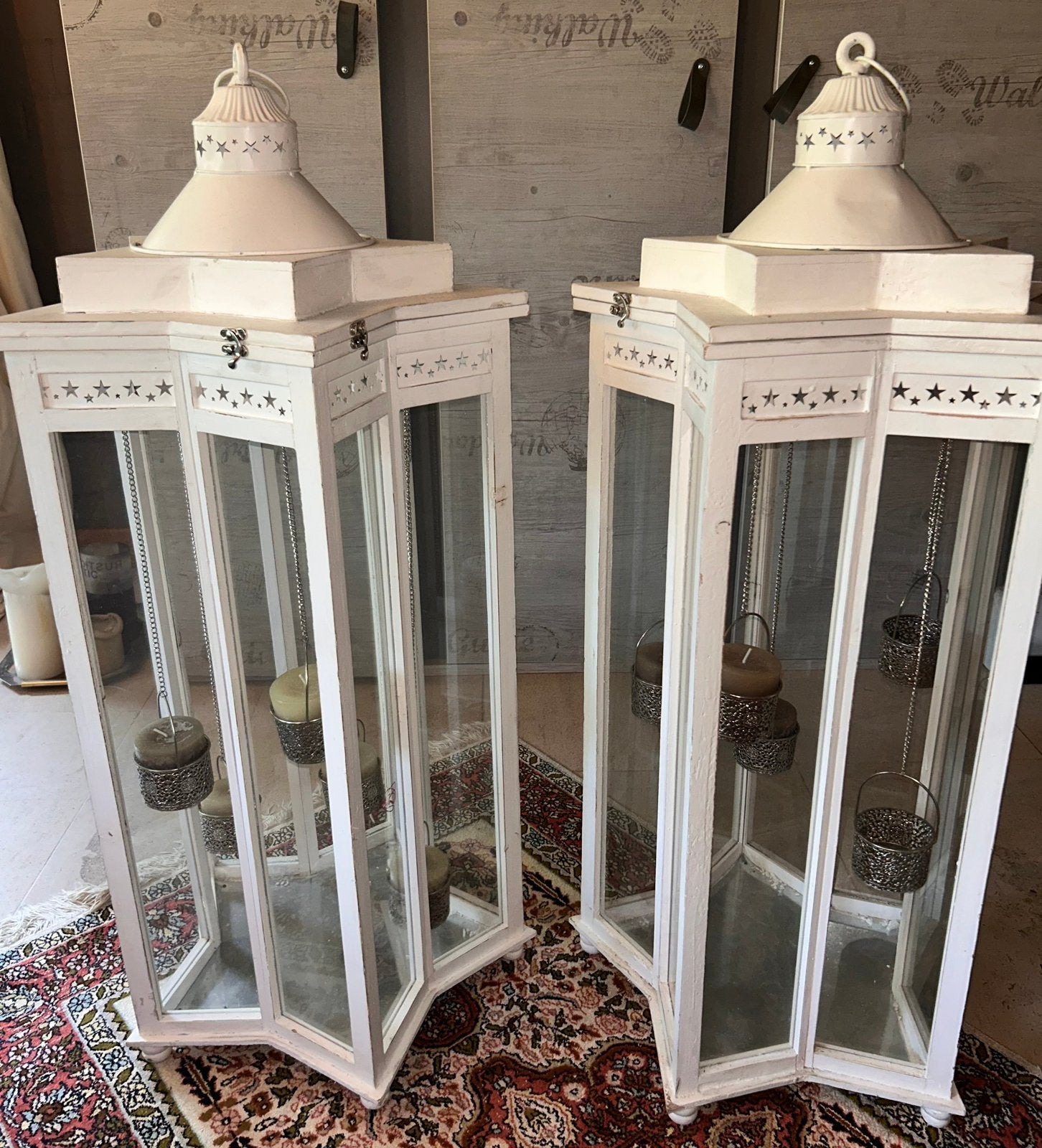Set van 2grote landelijke lantaarns,windlichten,Wit met glas, Ophalen, Zo goed als nieuw, Wit, Glas