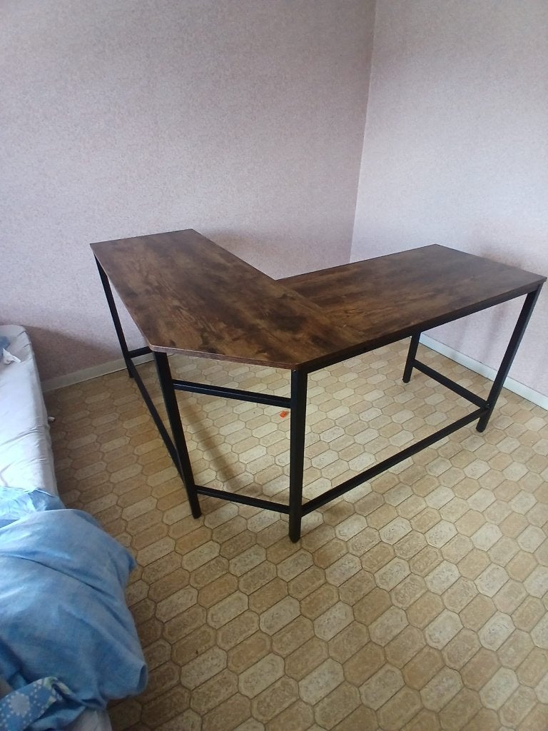 Industrieel L-vormig hoekbureau – Vintage bruin, Ophalen, Demontabel, Gebruikt, 135 cm
