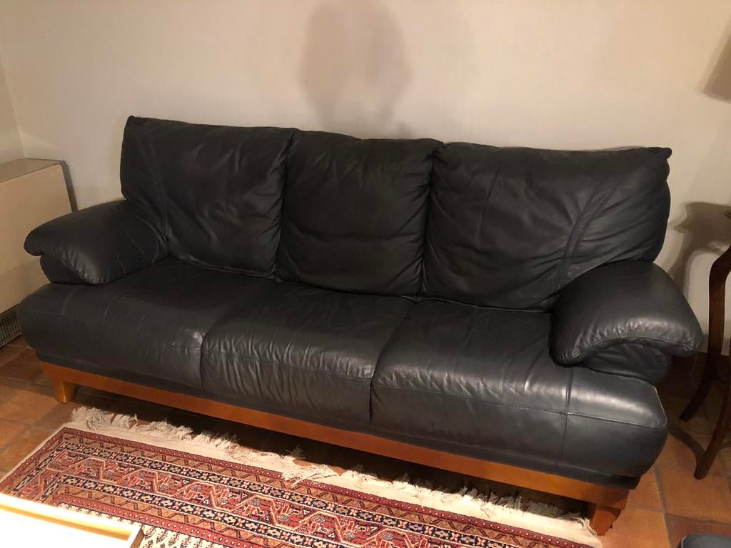 Donkerblauw lederen salon., Huis en Inrichting, Zetels | Complete zithoeken, Zo goed als nieuw, Leer, Ophalen