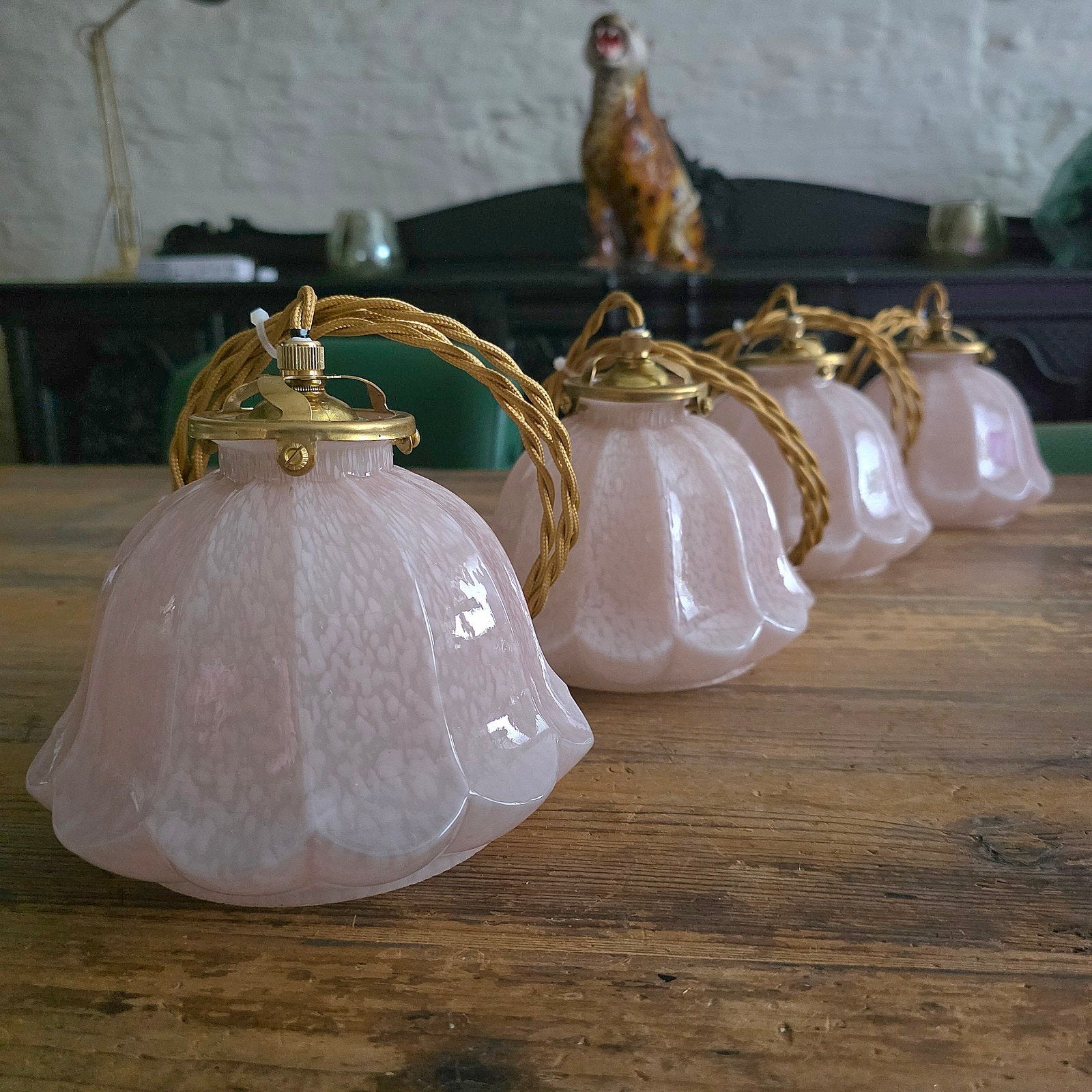 Vintage pastelroze gemarmerde Clichy glazen hanglampen.PR/ST, Ophalen of Verzenden