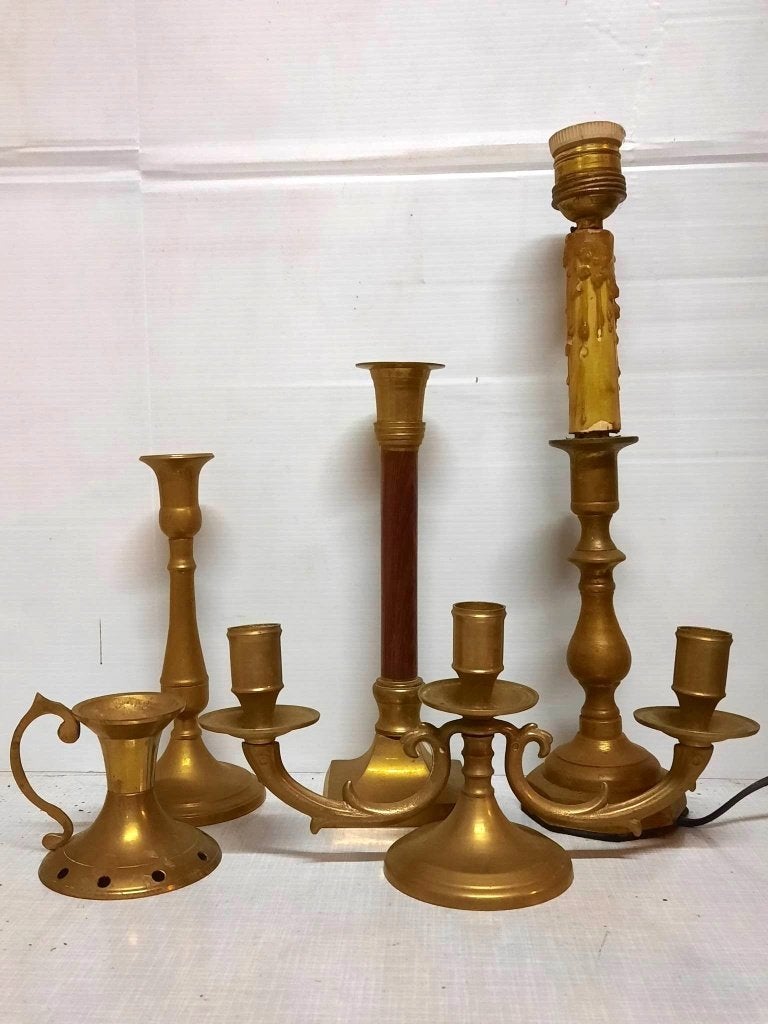 5 oude koperen kandelaars, Ophalen of Verzenden, Koper of Brons