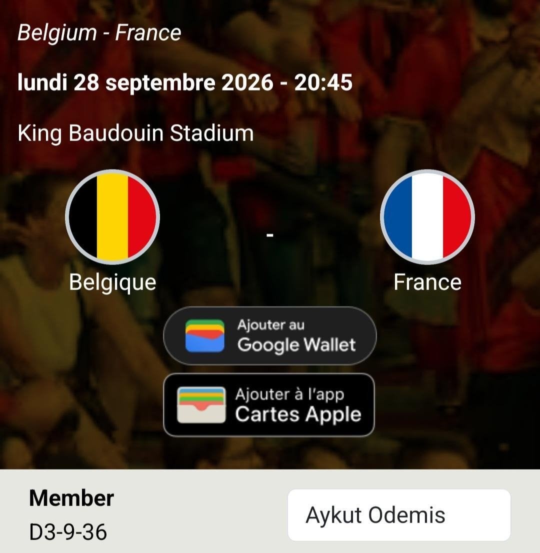 1 place pour Belgique France 28/09/26, Tickets & Billets