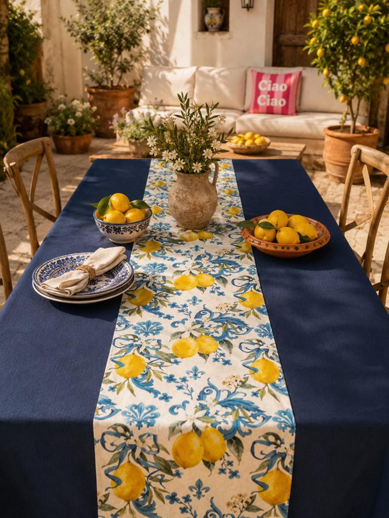 Mediterrane tafelloper met citroen en blauw Italiaanse sfeer, Huis en Inrichting, Blauw, Nieuw, Mediterraans, Ophalen of Verzenden