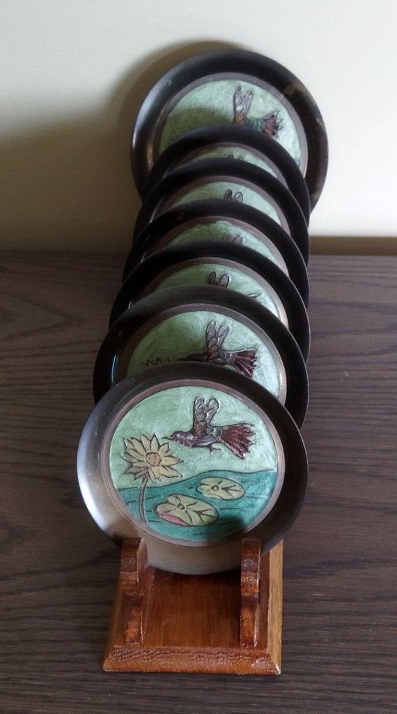 Chinese cloisonné onderzetters in een houten standaard, Enlèvement ou Envoi