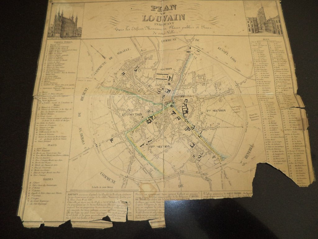 XIXe historisch stadsplan LEUVEN architect Everaerts gravure, Boeken, Ophalen of Verzenden