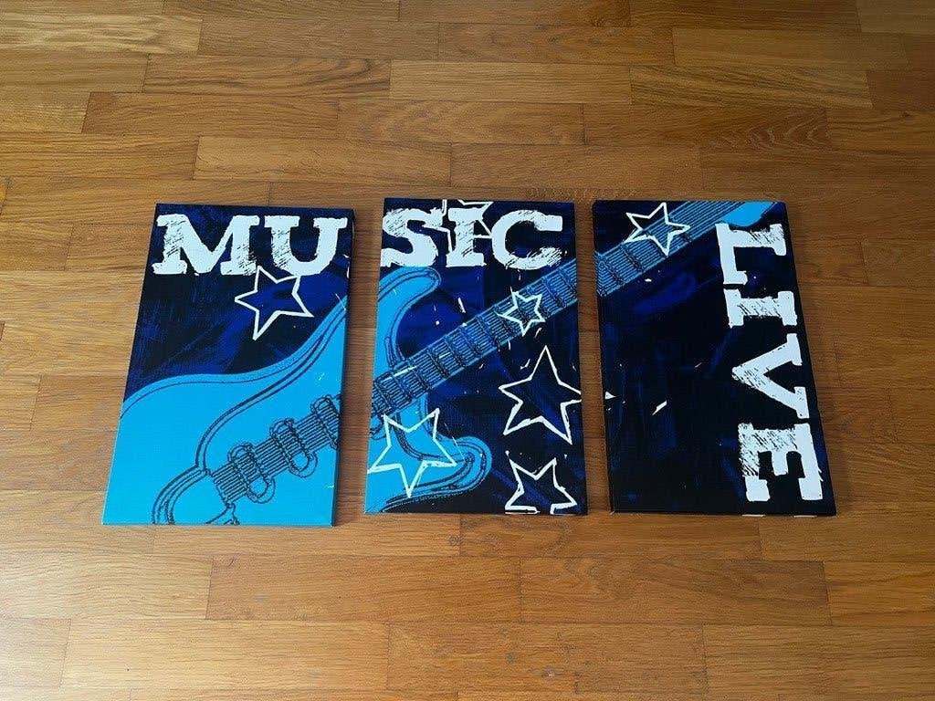 Set van 3 canvas schilderijen / wanddecoratie "Music & Live", Ophalen of Verzenden, Zo goed als nieuw, Blauw