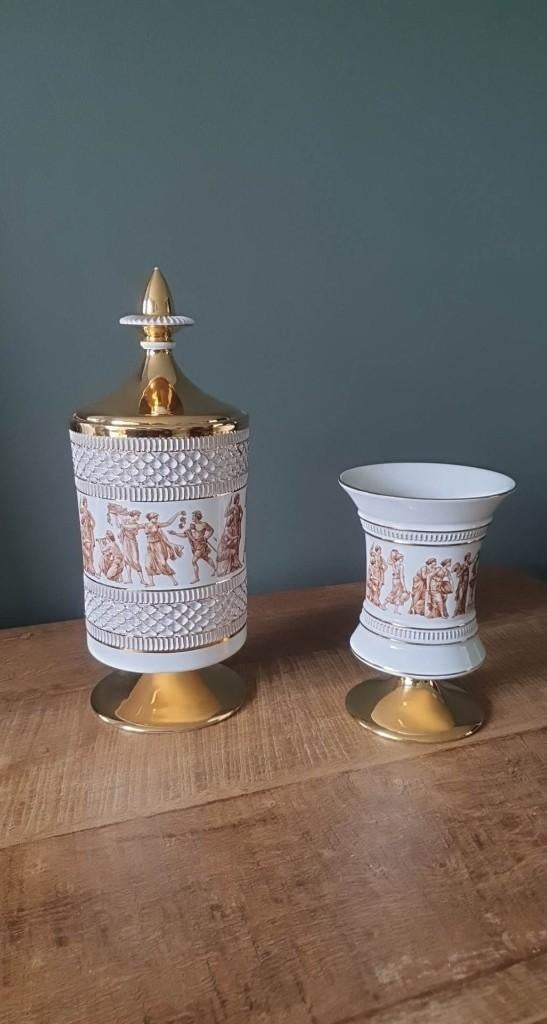 Italiaans vintage porselein wit/goud - Dekselpot + Vaas, Antiek en Kunst, Ophalen of Verzenden