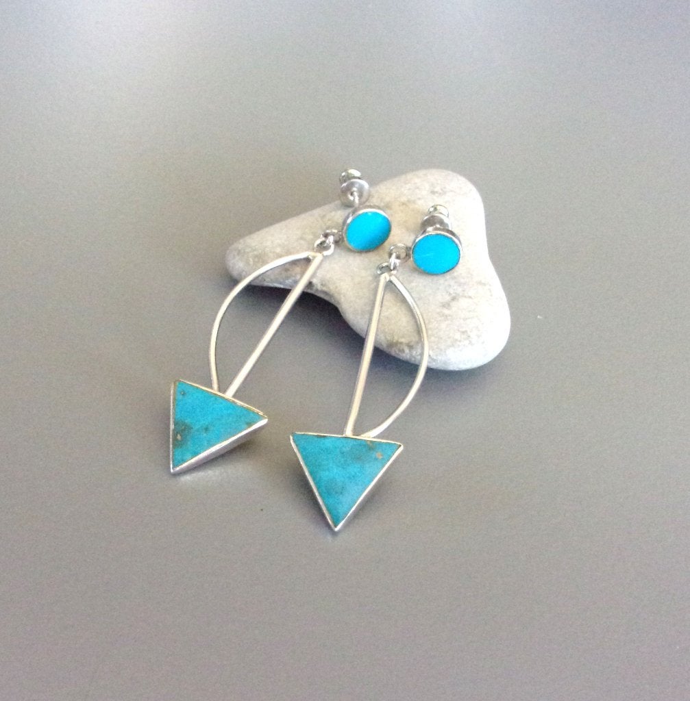Boucles d'oreilles Navajo fléches argent 925 et turquoises, Enlèvement ou Envoi, Utilisé, Avec pierre précieuse, Bleu
