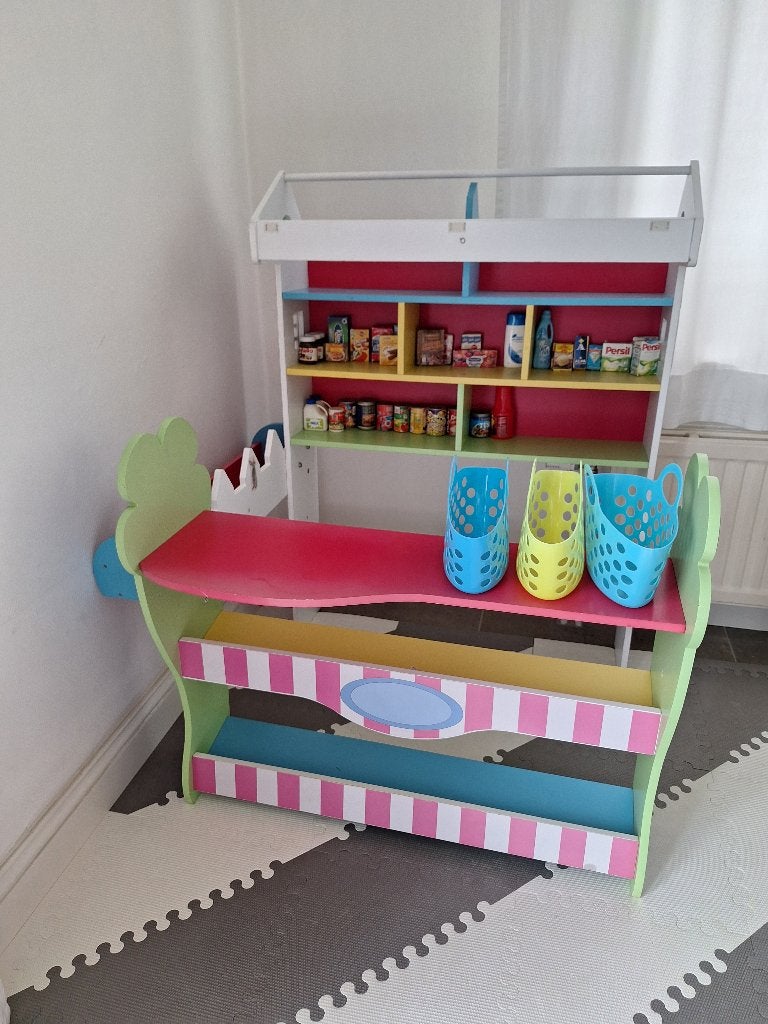 Houten kinderwinkeltje + toebehoren, Ophalen, Gebruikt, Meubelstuk of Keukentje
