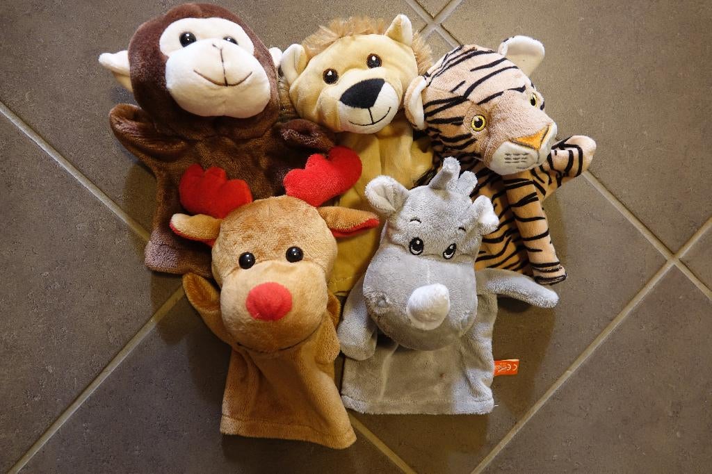 5 zeer mooie zachte handpoppen wilde dieren, Ophalen of Verzenden, Zo goed als nieuw, Middelgroot (20 tot 80 cm), Wasbaar