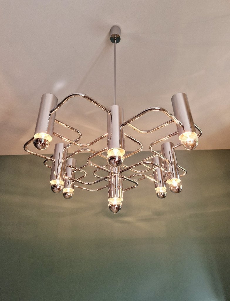 Grand lustre géométrique en métal chromé, G. Sciolari, 1970, Antiquités & Art, Enlèvement