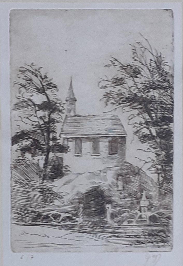 "Heikants kapelleke" - Greg Maes, Antiek en Kunst, Kunst | Etsen en Gravures, Ophalen, Ingelijst, 15 cm, Landschap