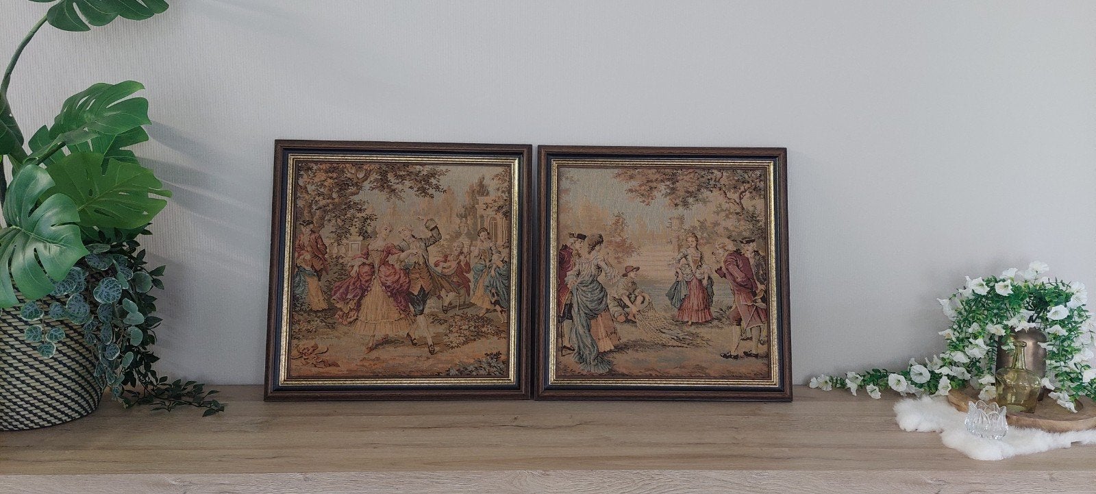 Matchende set van 2 vintage wandtapijten in Gobelin- stijl, Ophalen, Paneel, Portret of Personen, Overige technieken