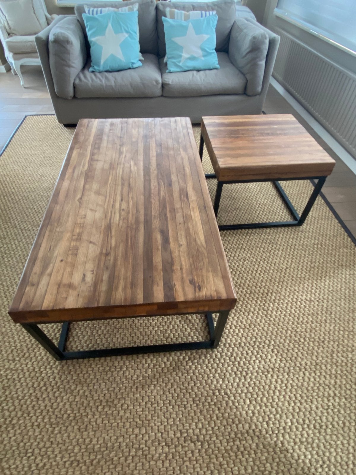 Set van 2 salontafels, hout en metaal, Ophalen, Zo goed als nieuw, Rechthoekig, Metaal