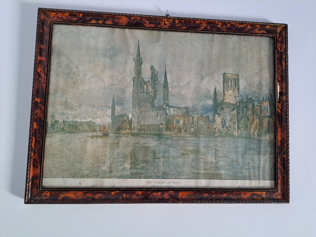 Prent "Les Halles d'Ypres" door  Charles Duvent., Collections, Photos & Gravures, Avant 1940, Gravure, Enlèvement, Utilisé
