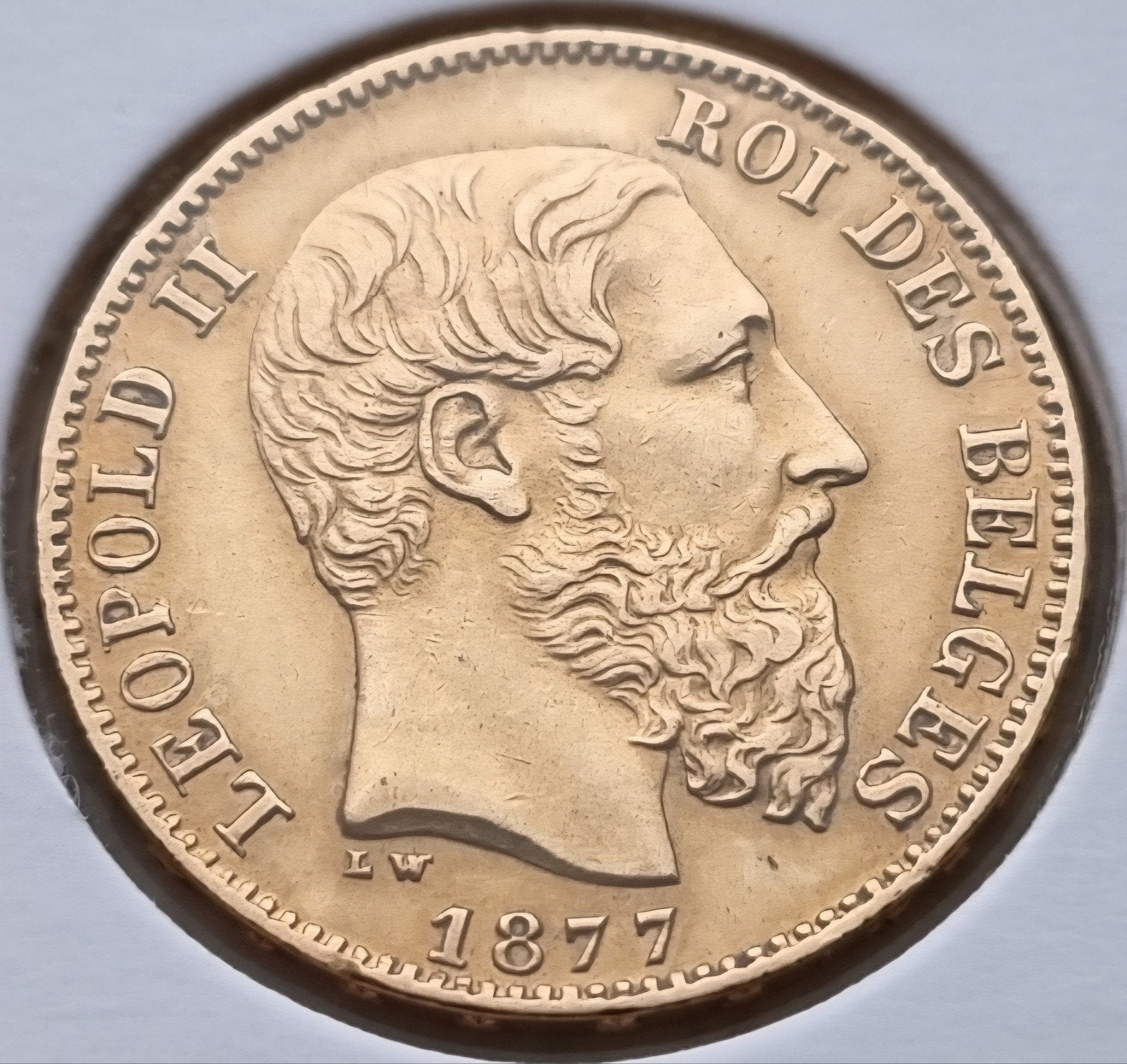 20 Francs 1877 Leopold II, Losse munt, Goud, Goud, Ophalen of Verzenden
