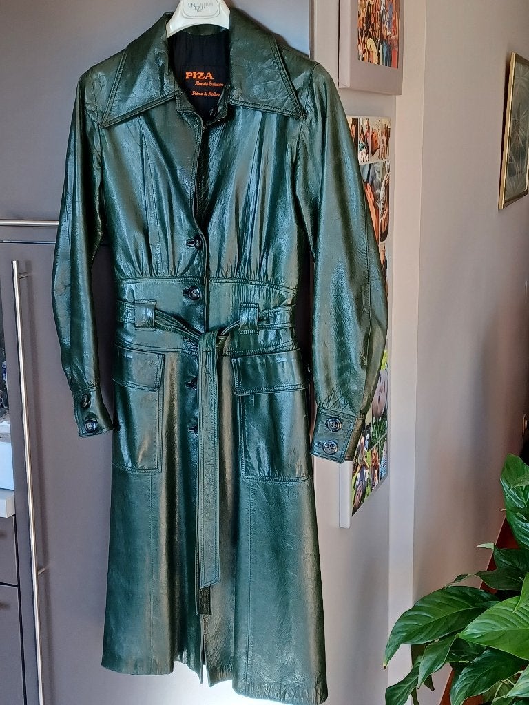 manteau en cuir vert, Enlèvement, Porté, Taille 36 (S)