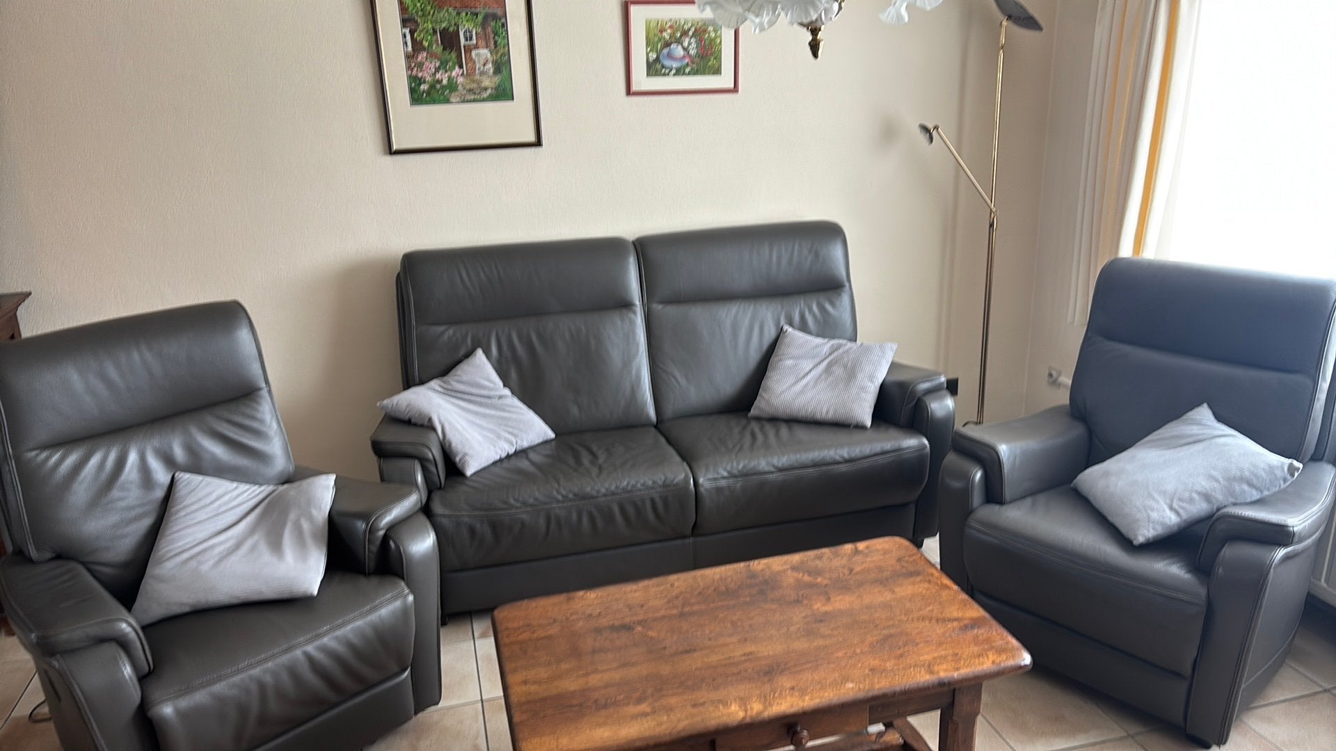 Taurus Leder, grijze salon en houten salon tafel, Ophalen, Zo goed als nieuw