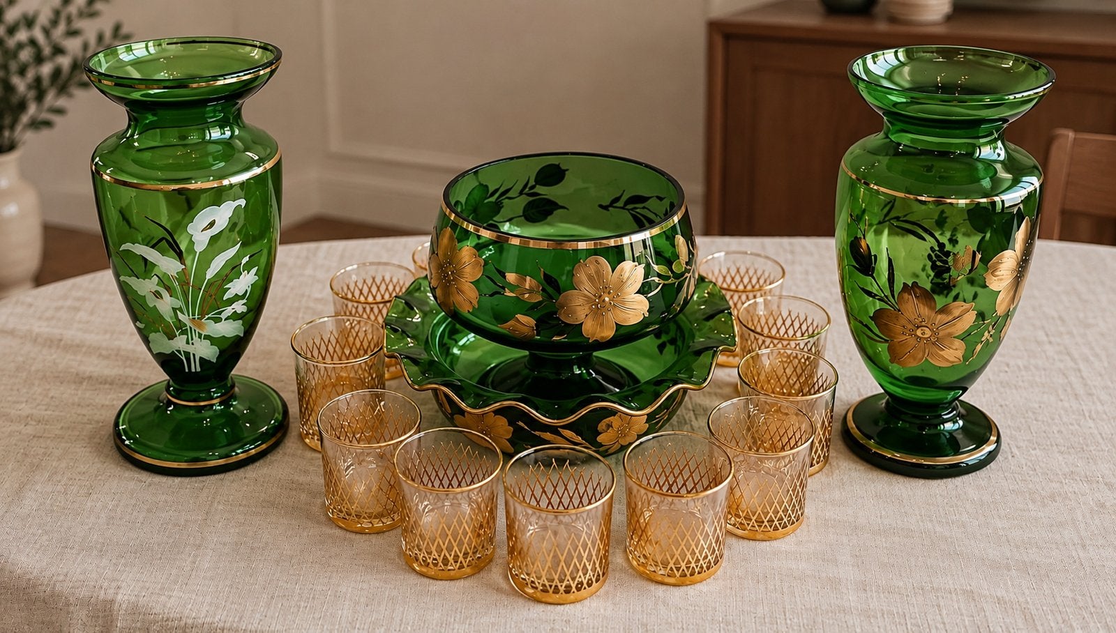 Magnifique ensemble en verre vert avec motifs floraux dorés., Antiquités & Art, Enlèvement