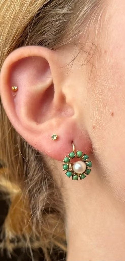 Turkoois edelsteen 14k gouden parel set oorbellen vintage, Hangers, Ophalen of Verzenden, Zo goed als nieuw, Met edelsteen