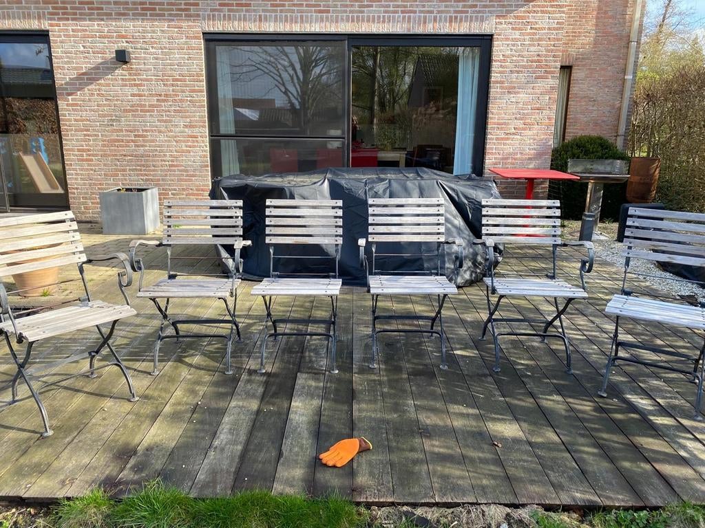 6 tuinstoelen van teak en gietijzer, Chaise, Salons de jardin, Utilisé, 6 places