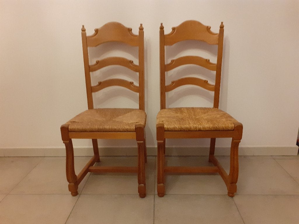 Set van 6 massief eiken stoelen met biezen zitting – Top!, Huis en Inrichting, Ophalen, Gebruikt, Bruin, Hout