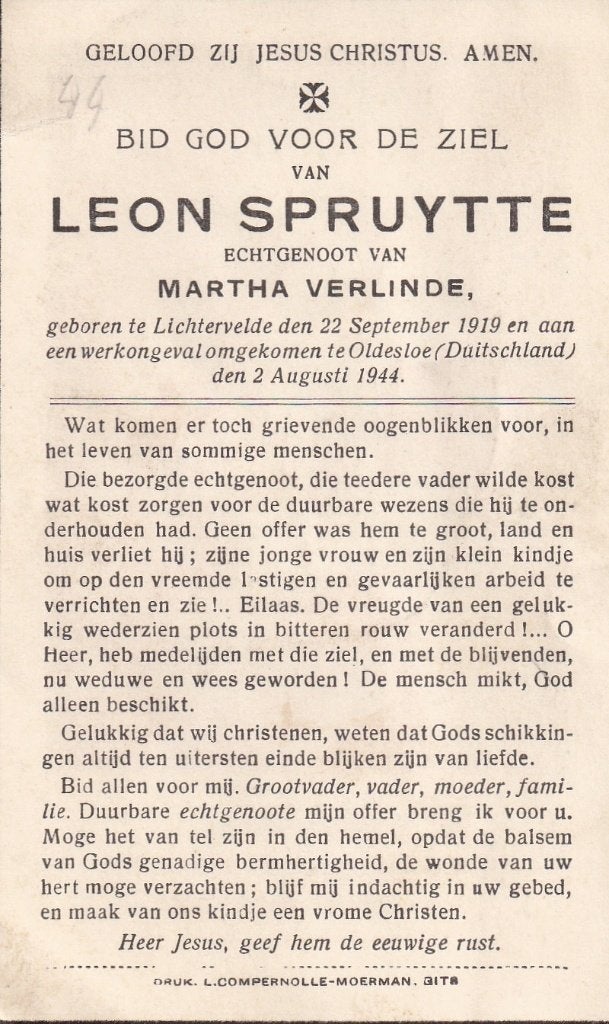 B P ONGEVAL OLDESLOE DL  SPRUYTTE LICHTERVELDE, Collections, Images pieuses & Faire-part, Enlèvement ou Envoi, Image pieuse