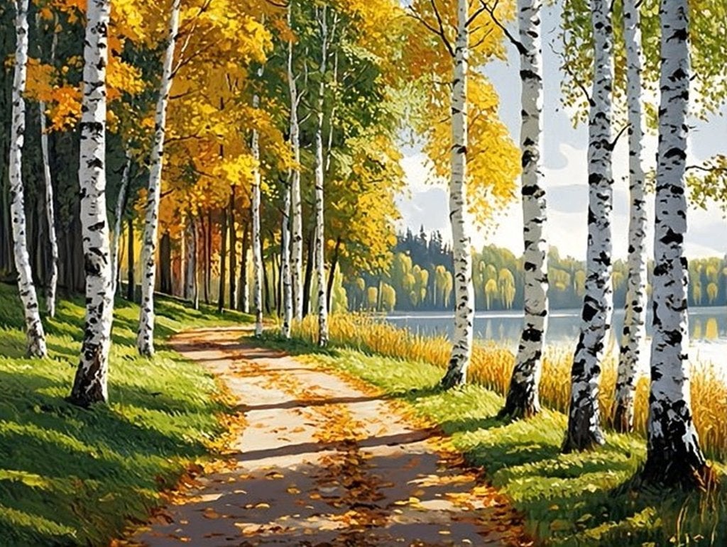Peinture au diamant 50x40cm Sentier forestier de bouleau 111, Neuf, Multicolore, Enlèvement ou Envoi, Diamond painting