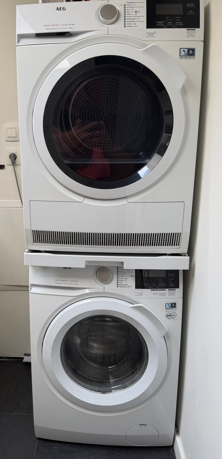Wasmachine en Droogkast warmtepomp AEG beide capaciteit 8kg, 8 tot 10 kg, Ophalen, Gebruikt, 85 tot 90 cm