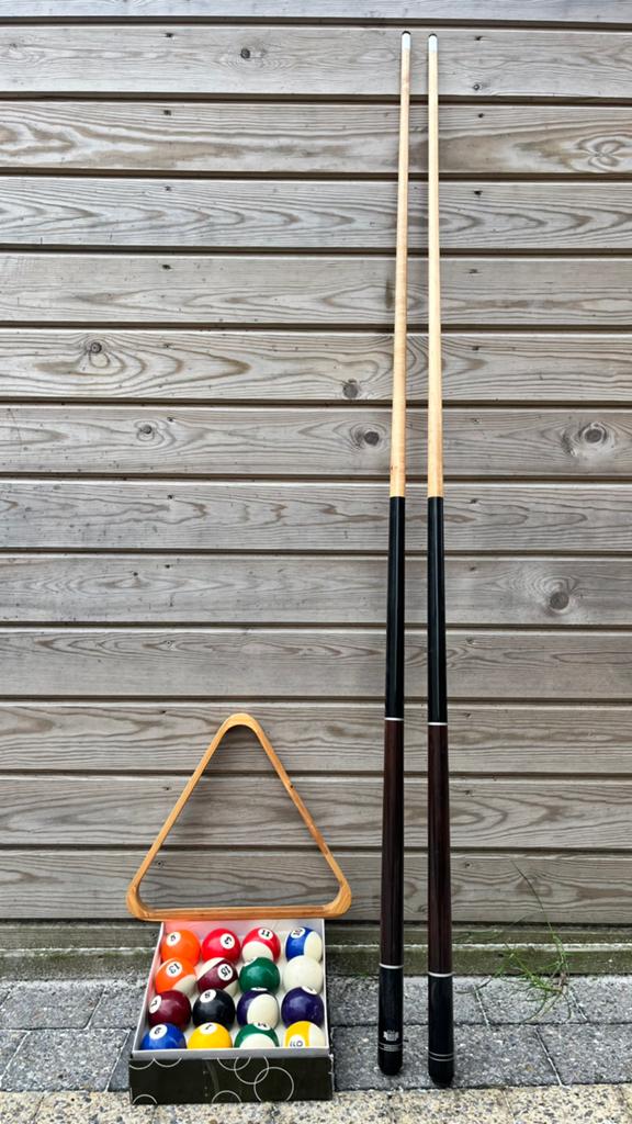 Set poolballen, triangle en 2 keu’s, Ophalen, Gebruikt, Keu of Ballen