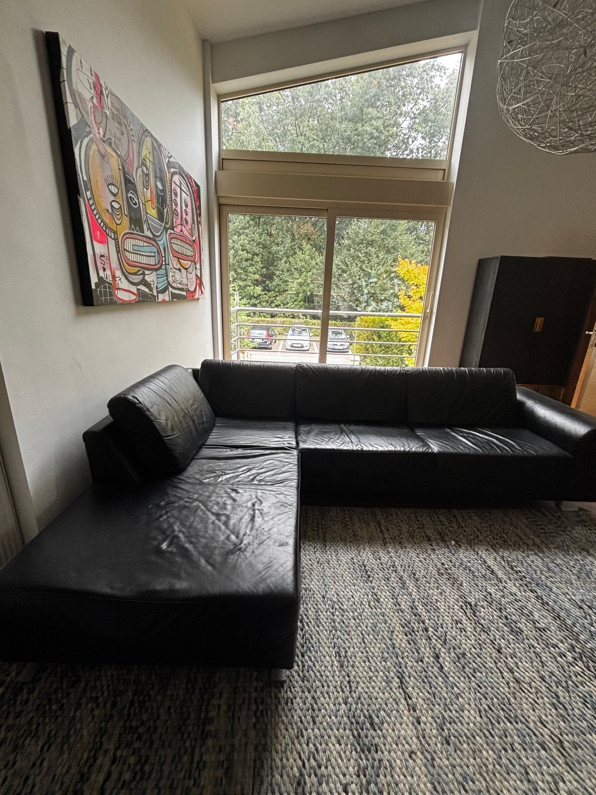 Grote zwarte leren hoekzetel – 300x200 cm, Enlèvement, Utilisé, Cuir